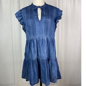 La Vie Rebecca Taylor-Tissue Denim-Tie Neck/Tiered /Flutter‎ Sleeve Mini Dress-M